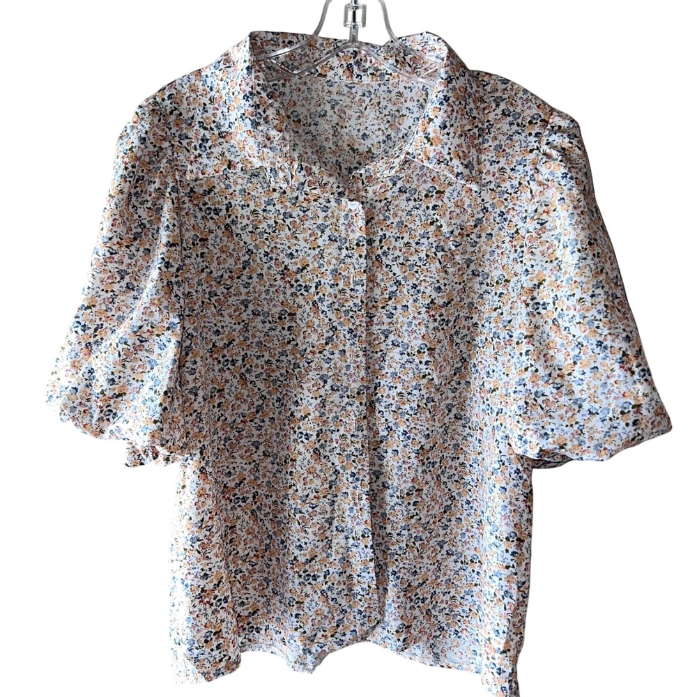 Shein Floral‎ Button Up Blouse Short Puff Sleeve Ditsy Print Top Blue Orange XL